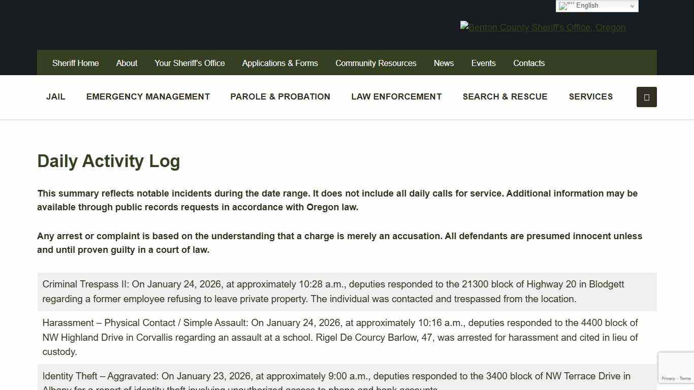 Daily Activity Log - Benton County Sheriff's Office, Oregon